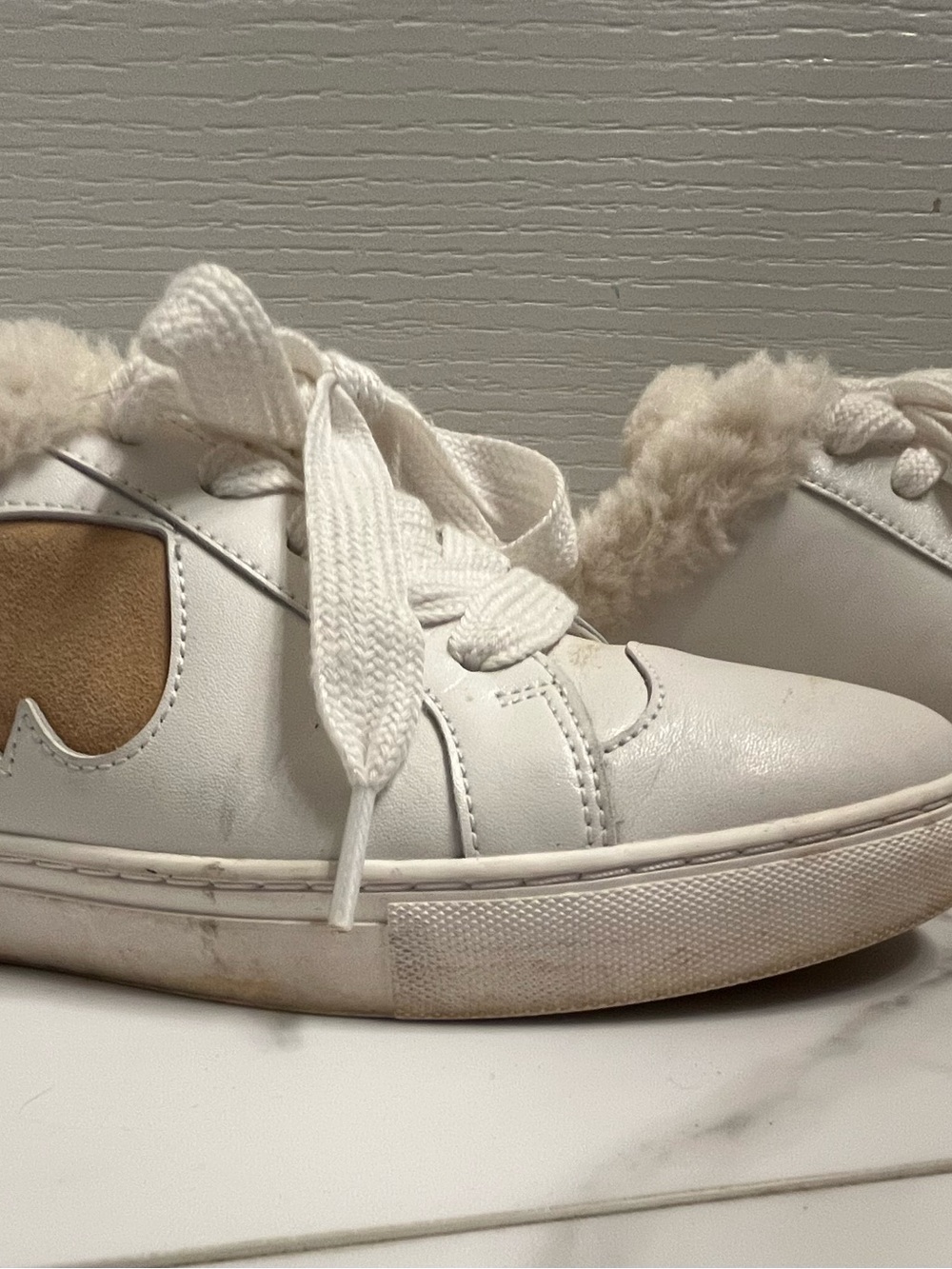 kate spade White Sneakers with Cream Fur Trim and Tan Accent